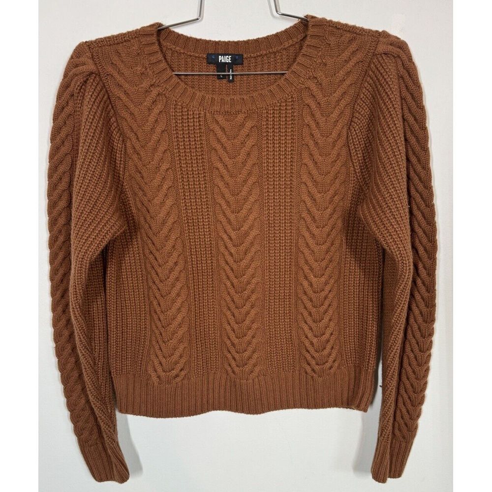 Paige Women's Elizabeth Crew Neck Cable Knit Cropped Sweater Puff Sleeves Size L